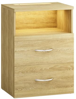CASARIA® Mesita de Noche Luz LED Táctil Regulable 2 Cajones 40x28x55cm Mesa Auxiliar Dormitorio Salón Roble