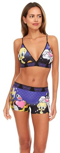 Coco Brands Spongebob & Patrick Damen-Unterwäsche-Set, 2-teilig, Tom und Jerry, Betty Boop Boy-Shorts und Sport-BHS für Damen, Violett/Tweety & Sylvester, Medium
