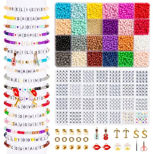 zenmag Freundschaftsarmband-Bastelset mit 1040 Buchstabenperlen (A-Z), Zahlenperlen, Herz- und Lächelperlen für Armbandherstellung, verschiedene Charms, Schmuckarmbandherstellungs-Kits, 24 Farben