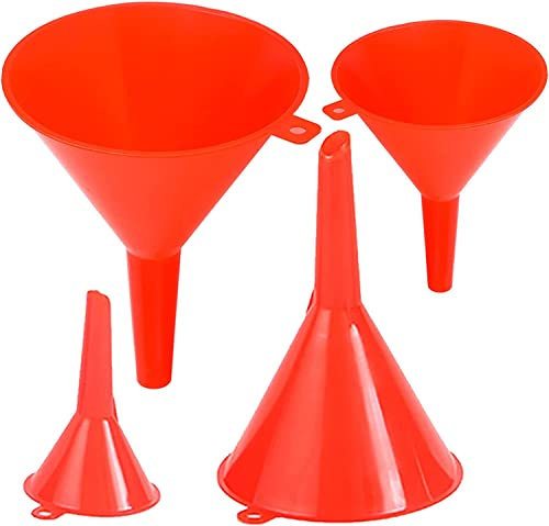 Plastic Funnel Set For Filling Bottles Jars Containers And Cans Wide Mouth Filter Funnels With Ring Holders For Kitchen Use Laboratory Garage Car Liquids Oil Fuel Multipurpose Non Toxic Red (Set Of 4)