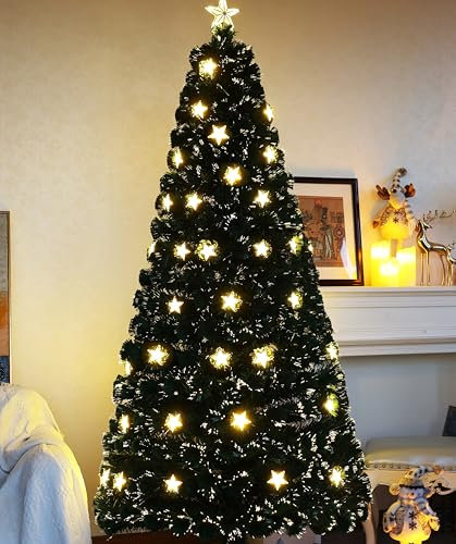 Asinse 7ft Pre-lit Fiber Optic Artificial Christmas Tree, 290 Green PVC Tips with Golden Stars, Warm White LED Lights with 8 Modes, Golden Star Topper, Holiday Decor (7ft/210cm)