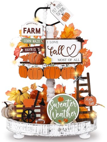 FairySandy 19 Stück abgestufte Tabletts Dekor Herbst Home Decor Thanksgiving Day Holztablett Dekor Herbst Kürbis abgestufte Tabletts Dekoratives Schild für Tischplatte Küche Büro Dekoration