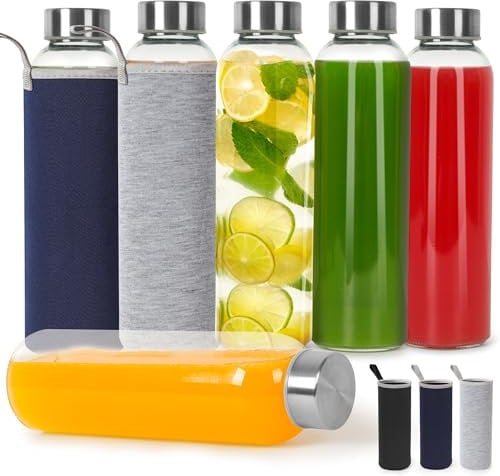Lot de 6 Bouteille Verre 500 ml, Gourde en Verre Avec Couvercle en Acier Inoxydable, Bouteilles à Smoothie Transparentes et éTanches, Ensemble de Bouteilles En Verre Pour Jus, Boissons Gazeuses