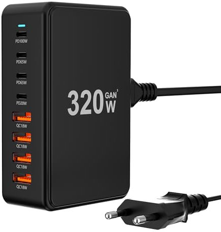 320W USB C Ladegerät: 8 Ports USB Schnellladegerät Mehrfach USB C Netzteil mit 4 USB-C und 4 USB-A GaN Ladegerät für Handy Computer Tablette USB Geräten