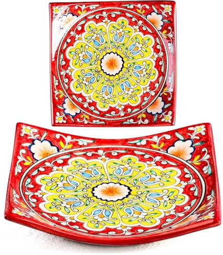 AEVVV Rishatan Lot de 2 assiettes carrées en céramique Rouge à motifs 20 cm Passe au micro-ondes