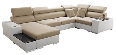 All4All Ecksofa mit Schlaffunktion Passe 335 cm x 205 cm - Wohnlandschaft U-Form - Schlafsofa mit Bettkasten - XXL Sofa - Groß - Gewebe mit Kunstleder -Beige/Weiß - Linke Seite 26