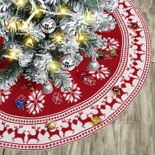 Figarge Weihnachtsbaumdecke Rund Großer Weihnachtsbaum Rock für Weihnachtsbaum Deko, Dicker Gestrickter Doppelseitiger Christbaumdecke mit Schneeflocke und Rentier für Weihnachtsfeiertag (122 cm)