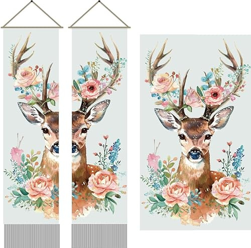 AHANDMAKER 2 Hirsche und Blumen Wandteppich. Botanisches Hirschmuster Langer Wandteppich Mystische Ästhetik Wandteppich für Weihnachten Winter Thema Schlafzimmer und Wohnzimmer 116x33cm