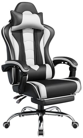 Yaheetech Sedia da Gaming Ergonomica Massaggiante con Poggiapiedi Reclinabile Imbottiti in Finta Pelle, Poltrona Gamer da Scrivania con Poggiatesta e Supporto Lombare Ruote Girevole Bianco