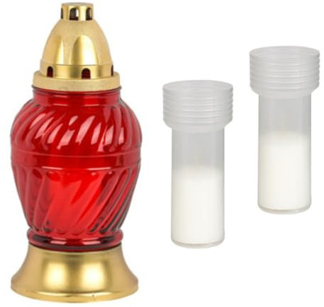 Grablaterne Grabkerze Oellicht Dauerbrenner Trauerlicht Glas Kunststoff 21,5 cm hoch (rot + 2 Kerzen)