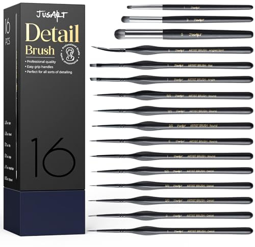 JusArt 16-Piece Detail Paint Brush Set, Miniature Paint Brushes for Models, Acrylic Oil Watercolor, Professional Fine Detail Brushes for Adults & Miniature Painters