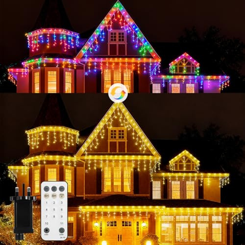 Coanto Icicle Outdoor Christmas Lights 400LED 10m, 80 Drops 11 Modes 3 Timer, RF Control, Plug, Connectable, Icicle Lights for Eaves Window Balcony Patio Decoration Warm White & Multicoloured