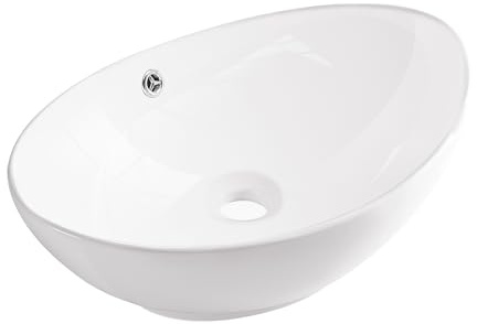 AQUAUNO Lavabo sobre encimera MAYA 59x39 cm Oval – Lavabo de cerámica blanca sin orificio para grifo con rebosadero cromado – Cerámica sanitaria para baño