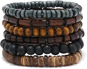 strrng 6 Pcs Bead Bracelet Men, Multi-Layer Brown Beaded Bracelets for Man | Adjustable Retro Wooden Bead Bracelet, Elastic Detachable Natural Beads Wristband, Bohemian Style, for Gifts for Men