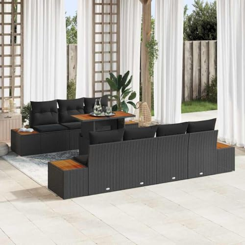 Mandloder Garten-Sofa-Set mit Speicher 8-teilig, Schwarz Poly Rattan, modulare Essgruppe für 8 Personen, wetterfest, für Terrasse & Balkon