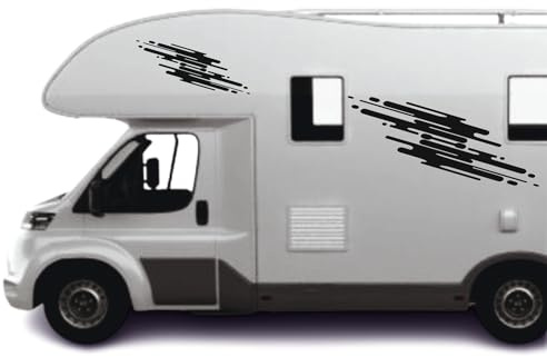 Kit Adesivi Camper Unplug and Explore - Decalcomanie Professionali Fiancate Laterali Caravan e Motorhome - Vinile Cast Alta Resistenza UV e Intemperie - 6 Pezzi Grafica Nero e Grigio
