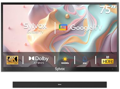 SYLVOX 75 TV da Esterno & Soundbar Bluetooth - 4K HDR10 1000Nits, Smart Google Outdoor TV IP55 Impermeabile, DVB-T2/S2/C HEVC 10, WiFi, per Piscina, Giardini, Terrazza (Deck Pro 2.0)