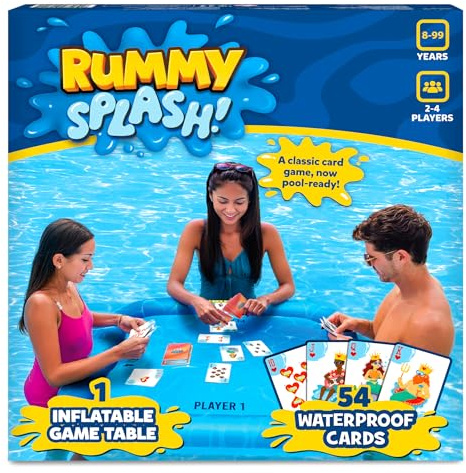 Gouda Games Pool Rummy Splash Schwimmender Pool-Spieltisch, 71,1 x 71,1 cm, wasserdichte Karten, aufblasbares Poolspielzeug für Kinder und Erwachsene, Familienspielzeug für Kinder u