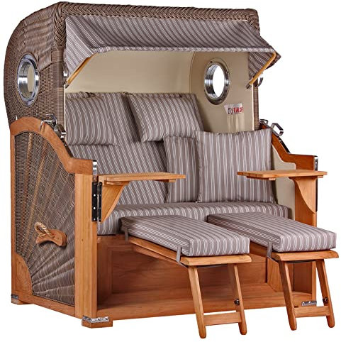 MR. DEKO® Strandkorb Baltikum 2,5-Sitzer Teak | PE Geflecht Grey | Volllieger Strandkörbe aus Teakholz mit 2 Bullaugen & Fußablagen | Polster mit 4 Kissen | Strandstuhl (Dessin 501)