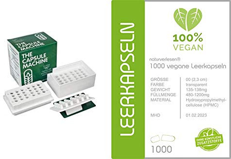 Kapselfüllmaschine + 1.000 Stück vegane Leerkapseln Größe 00, halal & kocher, auch für Kapselfüllmaschinen geeignet. Beste Pharma-Qualität! HPMC, 100% vegan ~ vegetarisch ~ Kapselfüller