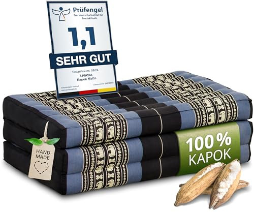 livasia Nachhaltige Kindermatratze aus Kapok - 140x70x8cm - Klappmatratze, Reisebett Kinderbett faltbar, ökologische Yogamatte klappbar, Spielmatte, Liege für Garten und Balkon (Blau/Elefanten)