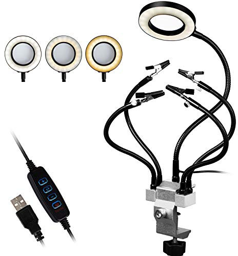 Ajustables Terceras Manos Soporte Soldador Lupa Soldadura Soporte Multifunción con USB 3X LED 10 Base de Aluminio,5 Brazos Flexibles Clip 360°, Aweohtle Herramienta de Estación de Soldadura