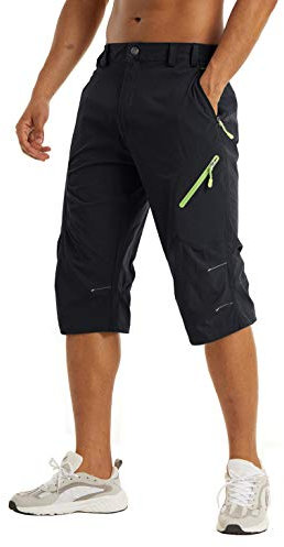 KEFITEVD Herren 3/4 Outdoor Hose Stretch Leicht Radhose Kurz mit Reißverschluss-Taschen Dreiviertel Hose Wandershorts Männer Cargo Bermuda Shorts Schwarz 32