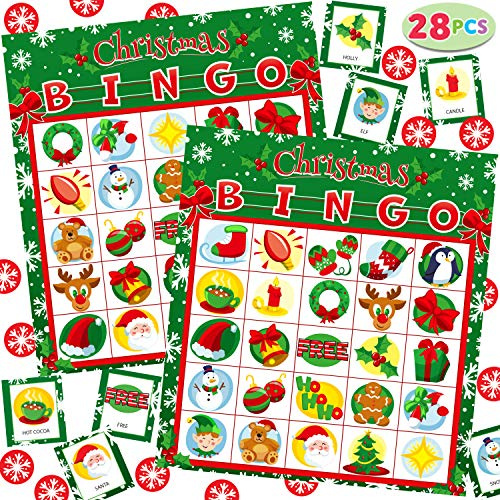 JOYIN Weihnachts-Bingokarten (5 x 5) für 28 Spieler, für Familienaktivitäten mit Kindern, Party-Kartenspiele, Spiele für die Schule, Party-Geschenke zum Thema Truthahn. (Weihnachtsbaum)