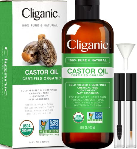 Cliganic USDA Organic Castor Oil, 100% Pure (500ml with Eyelash Kit) - For Eyelashes, Eyebrows, Hair & Skin | Natural Cold Pressed Unrefined Hexane-Free | DIY Carrier Oil | Cliganic 90 Days Warranty