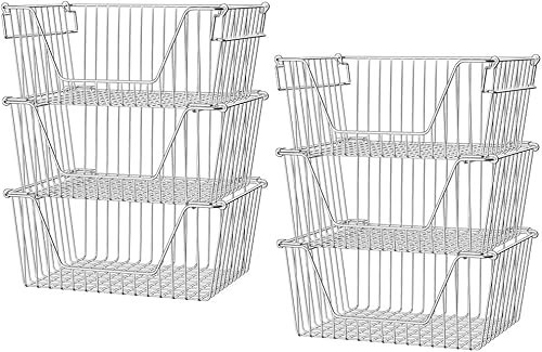 SANNO 14 Stacking Baskets Large Wire Baskets Organizer, Cabinet Storage Metal Baskets Organizer Sturdy Metal Wire Pantry Freezer Bin for Food, Fruit, & Vegetable Safe Organization set of 6