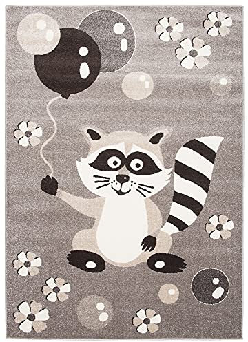 Carpeto Rugs Waschbär Kinderzimmerteppich - Kurzflor Kinderteppich - Weich Teppich für Kinderzimmer - ÖKO-TEX Wohnzimmerteppich - Teppiche - Grau 1-133 x 190 cm
