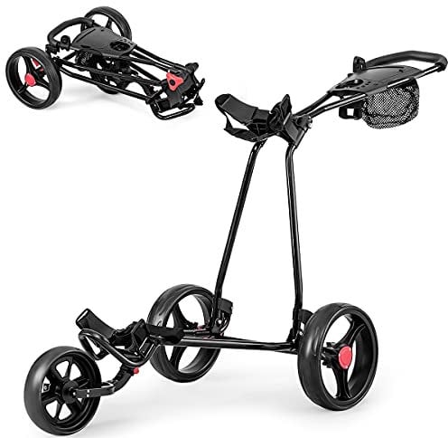 GOPLUS Golf Trolley, Golfwagen klappbar mit 3 Rad & verstellbarem Handgriff, Golf Cart leicht mit Hinterradbremse, Golf Caddy inkl.Trinkflaschenhalter, Schirmhalter & Netztasche, Schwarz