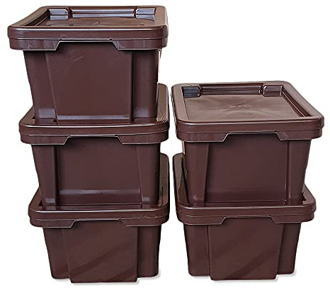 kanister-vertrieb® 5er-Set Aufbewahrungsbox Spielzeugkiste Kunststoffbox Box mit Deckel stapelbar, für Lebensmittel, PP-Kunststoff, 20 L, 43x35x23 cm (braun)