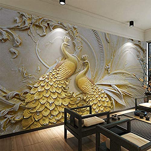 XLMING 3D-Stereo-Relief, goldener Pfau, Wandbild, selbstklebende Wandfarbe, wasserfester Leinwandaufkleber fototapete 3d effekt tapete Wohnzimmer Schlafzimmer Hintergrundbild-250cm×170cm