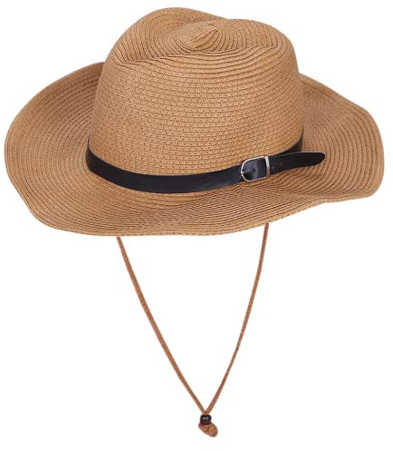 Men's Wide Brim Straw-Fedora Cowboy Hat with Leather Band - Windproof & Rollable - Perfect for Summer Beach & Riding