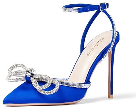 Zhabtuc Damen Stiletto High Heels mit Strass Schleife Sexy Spitz Geschlossen Zehen Bowknot Satin Pumps mit Stiletto Absatz Elegante Knöchelriemen High Heel Sandalen für Party Hochzeit Braut Abendkleid