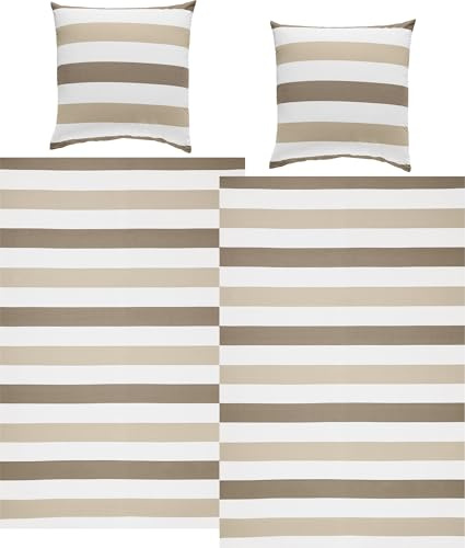 REDBEST Bettwäsche-Set Streifen Sparpaket 4-TLG. Renforcé Taupe-beige-weiß Größe 80x80 cm / 135x200 cm - strapazierstark, anschmiegsam, mit Reißverschluss
