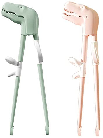 Dinosaur Children Learning Chopsticks Cute Dino Training Chopsticks Easy to Use Right Learning Chopsticks for Children Kids Beginners (Green+Pink)