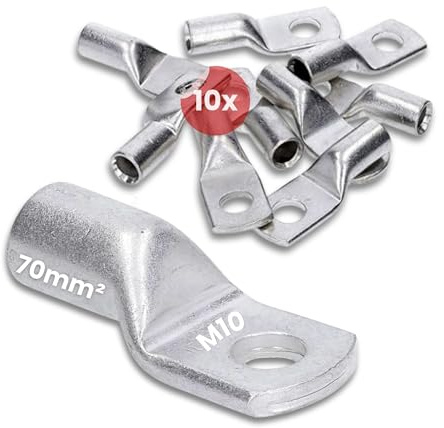 Kalitec 10x Rohrkabelschuhe 70mm² M10 - Kupfer Quetschkabelschuhe Verzinnt | Standard Kabelquetschverbinder für Kfz & Elektro, DIN EN 13600 Presskabelschuhe, Korrosionsbeständig ohne Sichtloch