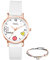 JewelryWe 2pcs Damenuhr Armband Schmuck Set Damen Kinder Analog Quarz Uhr mit Blume Erdbeere und Herz Leder Armbanduhr verstellbar Perlen Kugel Armreif für Frauen Mädchen Weiß