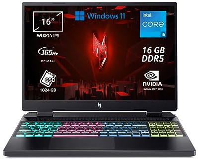 Acer Nitro 16 AN16 – 51 – 59BW Notebook Gaming, Prozessor Intel Core i5 – 13500H, RAM 16 GB DDR5, 1024 GB SSD, Display 16 Zoll WUXGA IPS 165 Hz, Nvidia GeForce RTX 4050 6 GB GDDR6, Windows 11 Home