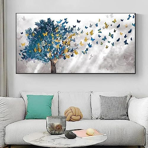 MHLCMG Bleu Arbre Papillon Affiche Moderne Toile Tableau Art Peintures Decoration Murale pour Salon Chambre Tableau Decoration, sans Cadre (70X140CM)