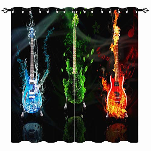 YUANZU Musik Vorhänge Rot&Grün&Blau Gitarre Ösen Gardinen mit Blickdichte Thermo Vorhang Kälteschutz Blackout Curtain Kinderzimmer Schlafzimmer Verdunkelung Fenster, 2 Stück, H 160 x B 106 cm