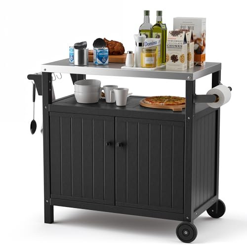 TORVA Large Kitchen Island on Wheels, Outdoor Storage Cabinet with Stainless Steel Tabletop, Free Standing BBQ Trolley Table, Color Black
