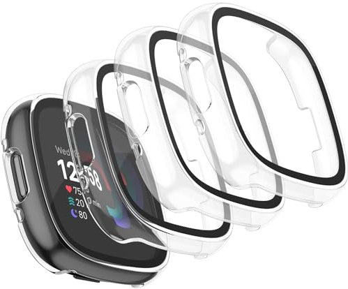 Vancle für Fitbit Versa 4 Hülle,4Stück Vollständige Abdeckung Schutzfolie Hard PC Schutz Displayschutz Folie Gehäuse für Fitbit Sense 2(4 Stück Transparent)