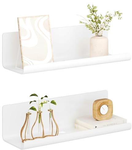 LOFTPLUS Weiß Wandregal Ohne Bohren 2er Set - Acryl Wand Regal mit Rundes Kabelloch, Schweberegal mit Kabelclips für Küche, Bad, Schlafzimmer, Wohnzimmer, Büro, Spielzimmer (30x10x8cm)