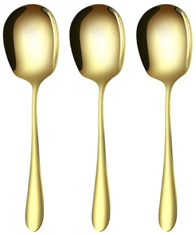 3 Pcs Stainless Steel Large Buffet Serving Spoons, Serving Spoons Large, Stainless Steel Soup Ladle Spoon, for Serving Kitchen Cooking Restaurant Banquet (Gold-11)