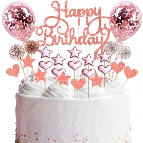 JEKUGOT Happy Birthday Cake Topper, 25pcs Rose Gold Glitter Happy Birthday Cake Topper Kit with Star Heart Paper Fan Confetti Balloon, Birthday Party Decorations for Girls