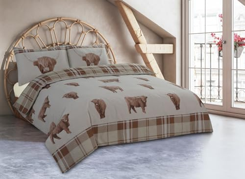 Charlotte Andersen Tartan Check Highland Cow Super King Duvet Cover Set Reversible PolyCotton Bedding (NATURAL, SUPER KING)