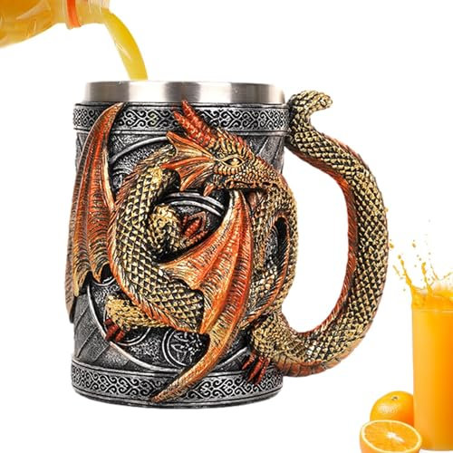 Zasdvn Mittelalterliche Drachen Bierkrug, Edelstahl Kaffeetasse Geschenk Tassen für Drachen Sammler, Thematische Dekoration, Viking Tankard Drinkware Becher für Kaffee/Getränke/Saft 568ml